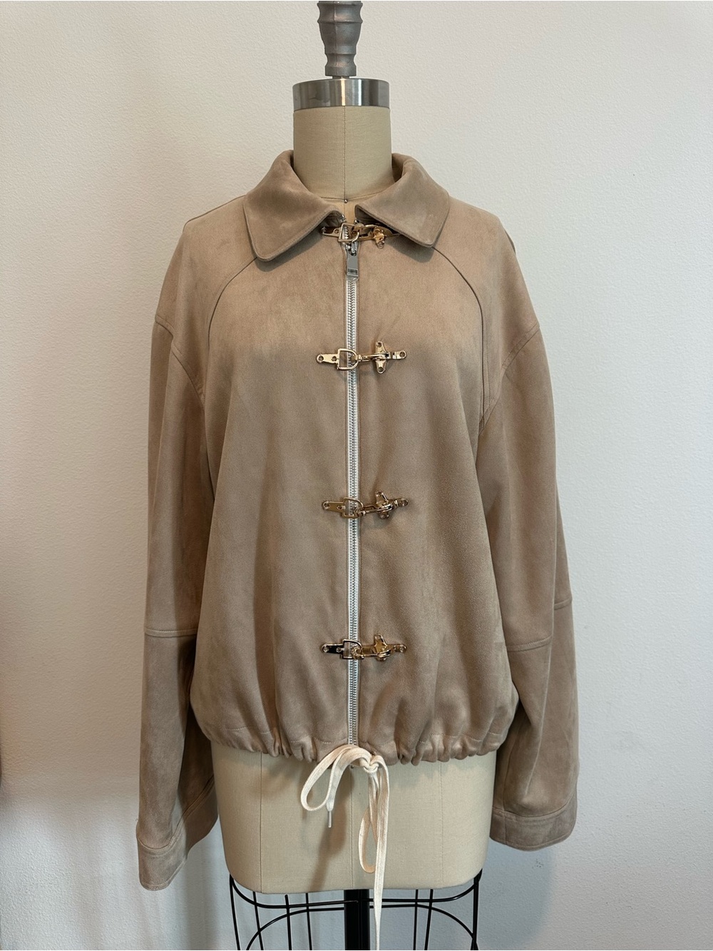 Taupe Faux Suede Zip-Front Jacket with Toggle Closures